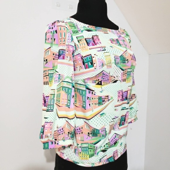 Pink Owl Vibrant Colorful City Scene 3/4 Sleeve Top Small - Picture 3 of 11